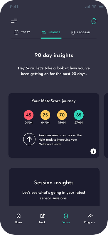 Miboko app 90 day insights screen showing MetaScore journey