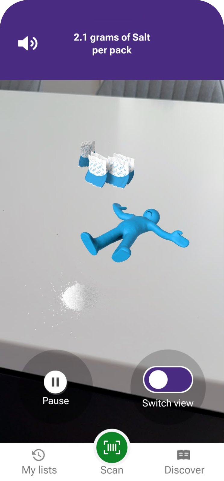 Change 4 Life Foodscanner app augmented reality result showing 2.1 grams of salt per pack